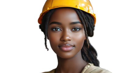 Confident Construction Worker: A confident woman of color in a hard hat looks directly at the camera, her expression conveying determination and strength.