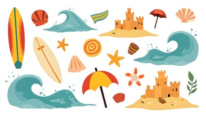 Naklejka premium Summer Beach Scene with Surfboards Sandcastles and Waves