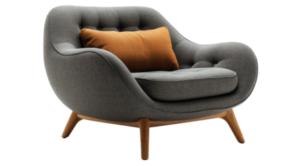 Cozy Modern Armchair: A stylish and comfortable grey armchair with a button-tufted design and warm orange cushion offers a perfect blend of modern and cozy aesthetics.