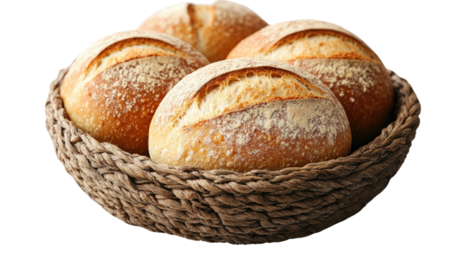 Golden Brown Bread Rolls in Basket: Four freshly baked golden-brown bread rolls sit nestled in a rustic woven basket, exuding warmth and inviting aroma.  A tempting image perfect for baking blogs.