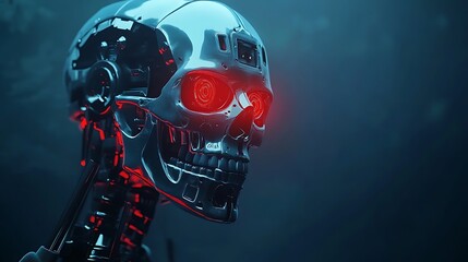 Fototapeta premium Robotic skull, glowing eyes, dark background, sci-fi concept