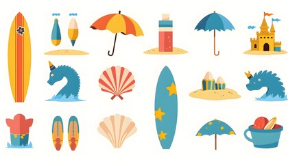 Summer Beach Fun Illustrations Featuring Surfboards Unicorns and Sandcastles