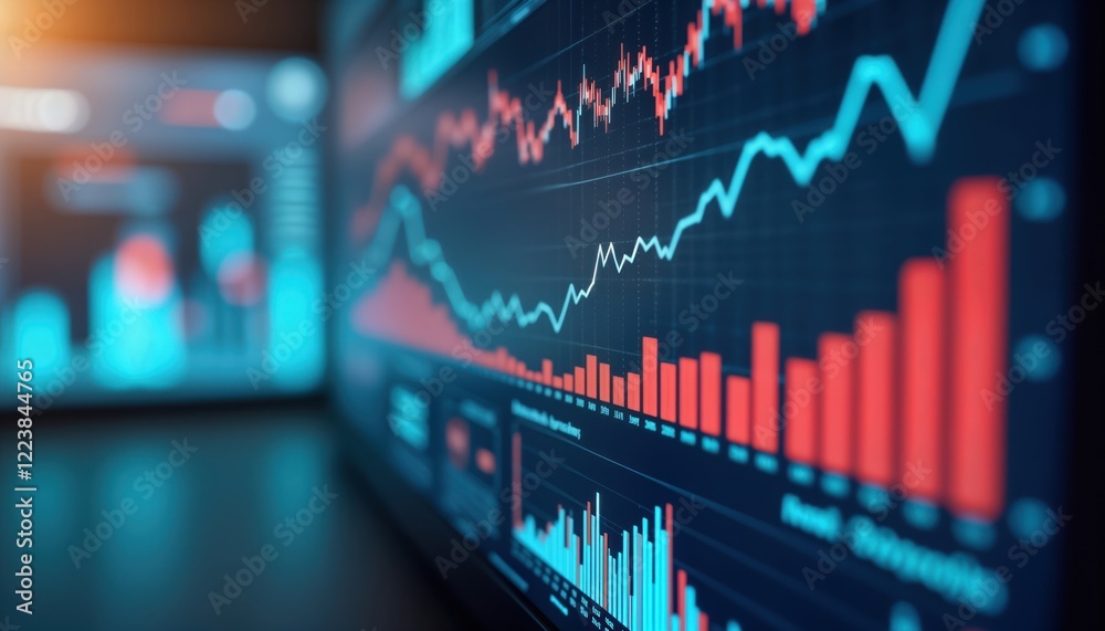 Poster Futuristic screen shows financial data analysis. Graphs, charts display economic growth trends. Global business networks, tech innovations emphasized. Dynamic visual represents progress in banking