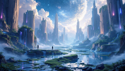 Fototapeta premium Futuristic Cityscape River Valley Two Figures Contemplate