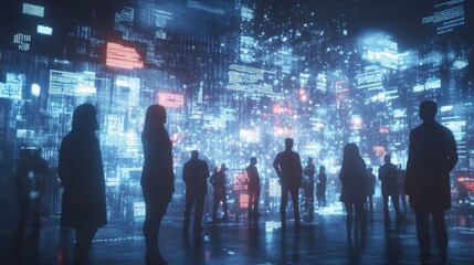 Silhouetted businesspeople observing a captivating visualization of futuristic cyberspace data flow, immersed in a dark environment filled with glowing blue light and abstract patterns