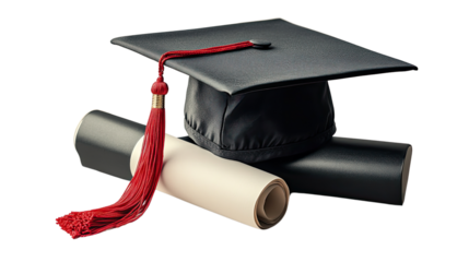 Graduation Day Essentials: A classic black graduation cap rests atop two rolled diplomas, one ivory and one black, the red tassel adding a vibrant pop of color.