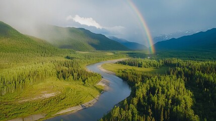 Aerial view of a winding river surrounded by lush green forests and a vibrant rainbow in the sky