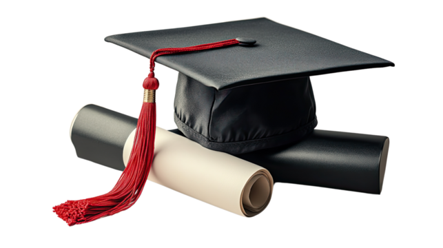 Graduation Day Essentials: A classic black graduation cap rests atop two rolled diplomas, one ivory and one black, the red tassel adding a vibrant pop of color.