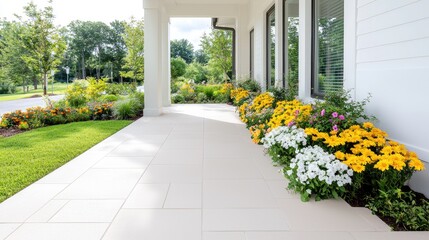 Naklejka premium House porch, flowerbeds, summer landscaping, sunny day, real estate