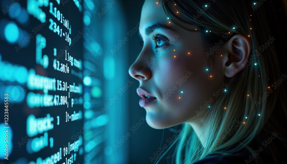 Poster woman face on computer screen with tech lights, numbers. futuristic, technological image. focus on w