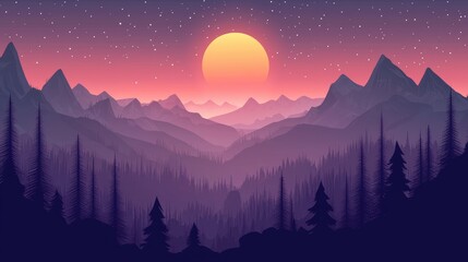 Naklejka premium Silhouette of Pine Trees in Front of a Mountain Range Under a Setting Sun and Starry Sky