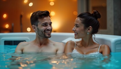 Young couple relaxes in spa jacuzzi. Smile, enjoy togetherness. Romantic moment at hotel resort....