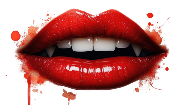 Vampire Lips: A dramatic close-up of luscious red lips, subtly enhanced with a watercolor effect, revealing sharp fangs. The image exudes a mysterious allure.
