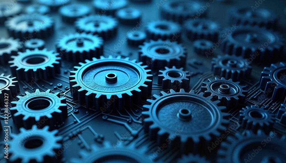 Poster Abstract illustration of interconnected gears, cogs on circuit board background. Complex mechanical system displayed in dark blue tones. Futuristic tech design. Modern mechanical pattern. Complex