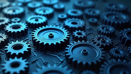 Abstract illustration of interconnected gears, cogs on circuit board background. Complex mechanical system displayed in dark blue tones. Futuristic tech design. Modern mechanical pattern. Complex