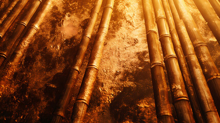 Golden brown bamboo poles close up texture. Amber Grove. Illustration