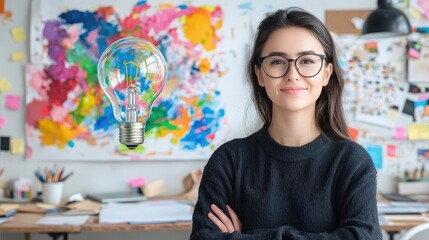 Young woman with idea, creative office, colorful background, brainstorming