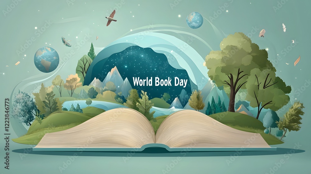 Aufkleber enchanting world book day concept featuring an open book with swirling galaxies floating islands and
