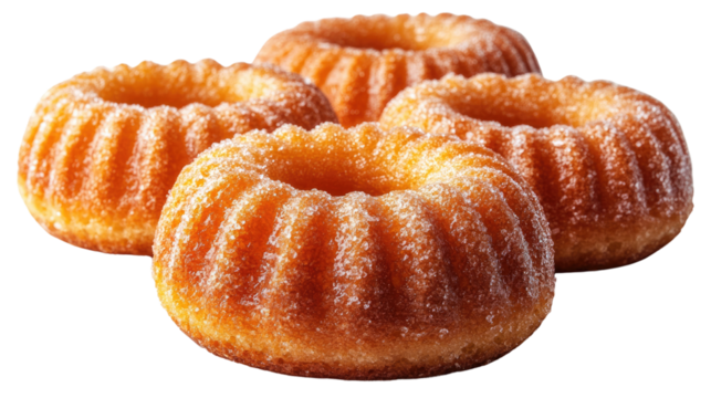 Golden Ring Cakes:  A close-up shot of four golden ring cakes, freshly baked and dusted with sugar, ready to be enjoyed. Each cake has a beautiful swirl pattern. They sit together.