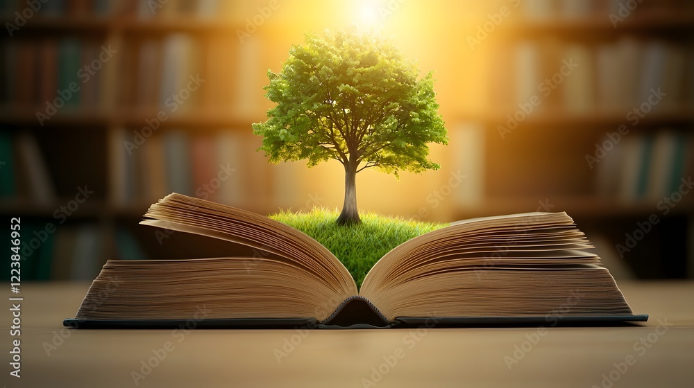 Aufkleber A grand conceptual image featuring a towering tree of knowledge and wisdom emerging from the pages of an open vintage book placed in a vast library filled with timeless philosophical works