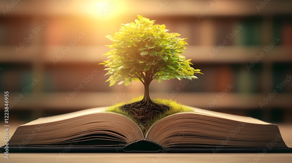 Aufkleber A grand world philosophy day concept featuring a towering tree of knowledge emerging from the pages of an open vintage book in a vast library filled with timeless philosophical works