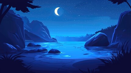 Obraz premium A crescent moon illuminates the night sky over a still lake surrounded by mountains