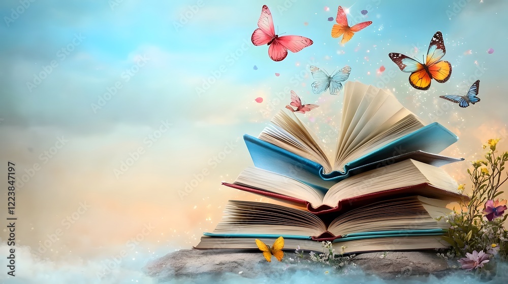 Aufkleber A beautiful and ethereal background featuring an arrangement of open books floating in a dreamy atmosphere with soft pastel colors and glowing light effects symbolizing the joy wonder