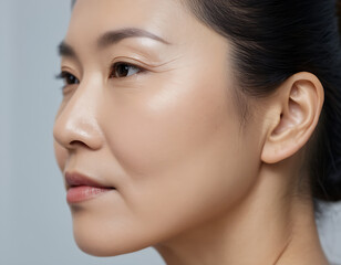 Close Up Potrait Asian Woman from Side View with Dull Skin and Wrinkles on her face sign of Aging