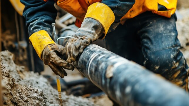 A close-up shot of a plumber repairing sewer lines in a municipal infrastructure overhaul, Municipal sewer repair scene, Practical and precise style