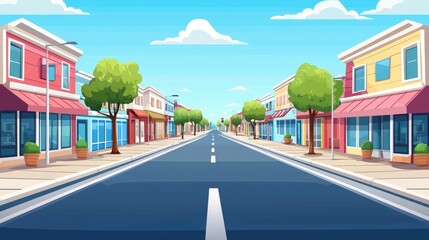 Obraz premium A Cartoon Illustration of a Sunny Day Street with Colorful Storefronts