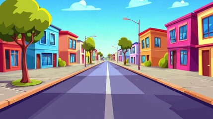 Obraz premium A Cartoon View of a Colorful Street Lined with Houses