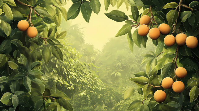 Lush sapodilla plantation with ripe golden brown fruits ready to be harvested set against a backdrop of verdant foliage and a serene. Amber Grove. Illustration