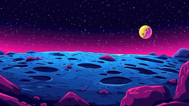 A cartoon depiction of a planet's surface at night with craters, rocks, and a moon in the sky