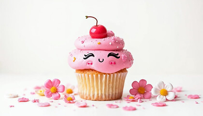 Adorable Pink Cupcake with Cherry and Sprinkles