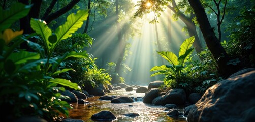 Sunlight streams through rich tropical forest. Small river flows between large rocks. Rich green vegetation, trees. Peaceful jungle scene. Exotic plants, foliage. Natural beauty. Tropical climate.