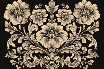 Elegant floral pattern with intricate details on a dark background, suitable for textile design