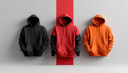 Three Hoodies Displayed Against A Red And Grey Background