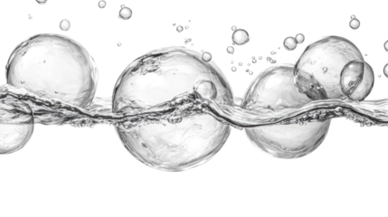 Water Bubbles Abstract: Air bubbles rising and floating on the surface of water, creating an abstract image of purity, freshness, and serenity. The grayscale palette emphasizes texture and form.
