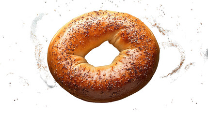 Everything Bagel: A perfectly baked everything bagel, sprinkled with sesame seeds, poppy seeds, and dried onions, suspended in mid-air with flour particles swirling around it.