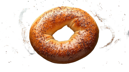 Everything Bagel: A perfectly baked everything bagel, sprinkled with sesame seeds, poppy seeds, and dried onions, suspended in mid-air with flour particles swirling around it.