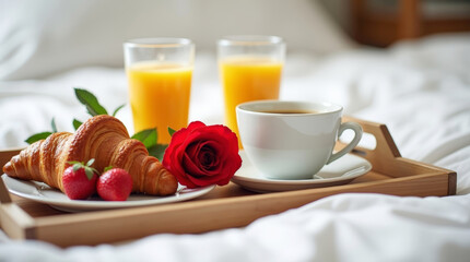 Breakfast in bed for Valentine's Day with a red rose and fresh coffee. A portable tray sits on white bedding, holding a croissant, ripe strawberries, a glass of orange juice, and a single red rose