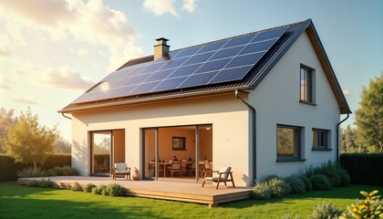 Modern house with solar panels on roof. Sustainable home design. Open patio area with deck, furniture. Eco-friendly architecture. Clean energy. Sunny day. Residential building. Beautiful garden.