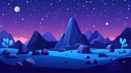 Fototapeta premium Nighttime Landscape with Mountains, Moon, and Stars