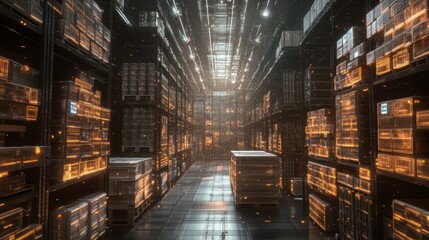 Fototapeta premium A small warehouse area within the microfactory displaying neatly organized inventory of raw materials stacked in a way that maximizes the use of space.