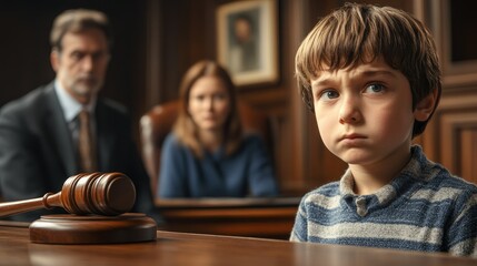 Sad boy sitting at a table in the background of his parents.