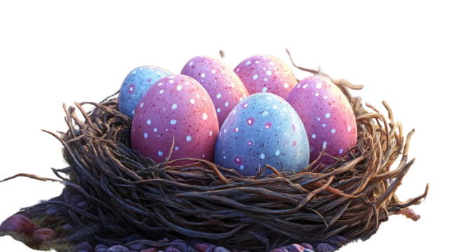 Easter Egg Nest: A cluster of pastel blue and pink speckled Easter eggs nestled in a rustic woven nest,  evoking springtime joy and the promise of new beginnings. 