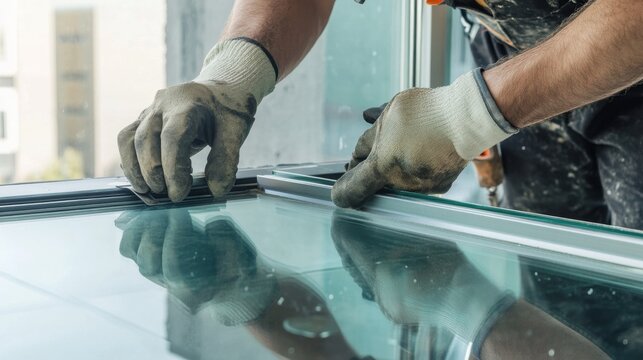 A close-up of a glazier fitting a large glass pane into a window frame, with suction cups and safety gear visible, Glass installation scene