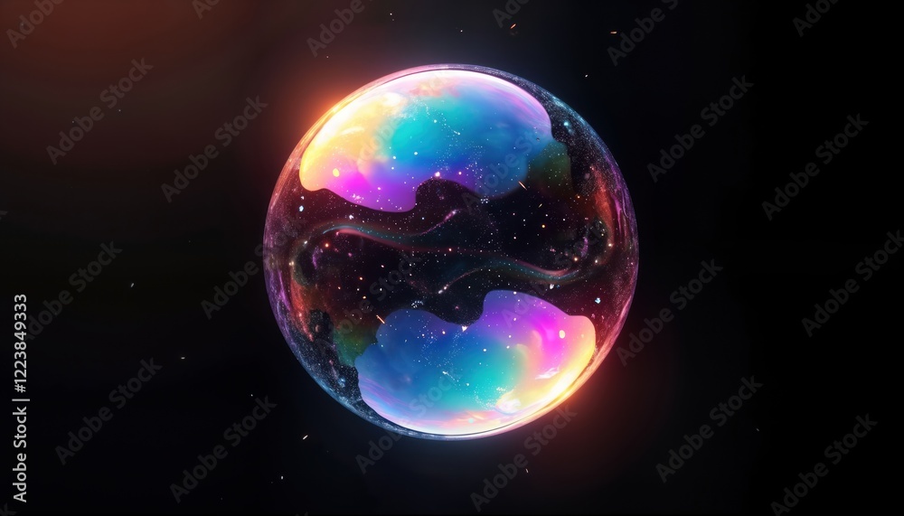 Poster colorful iridescent sphere floats in dark space. bubble shows swirling patterns of colors like cosmo