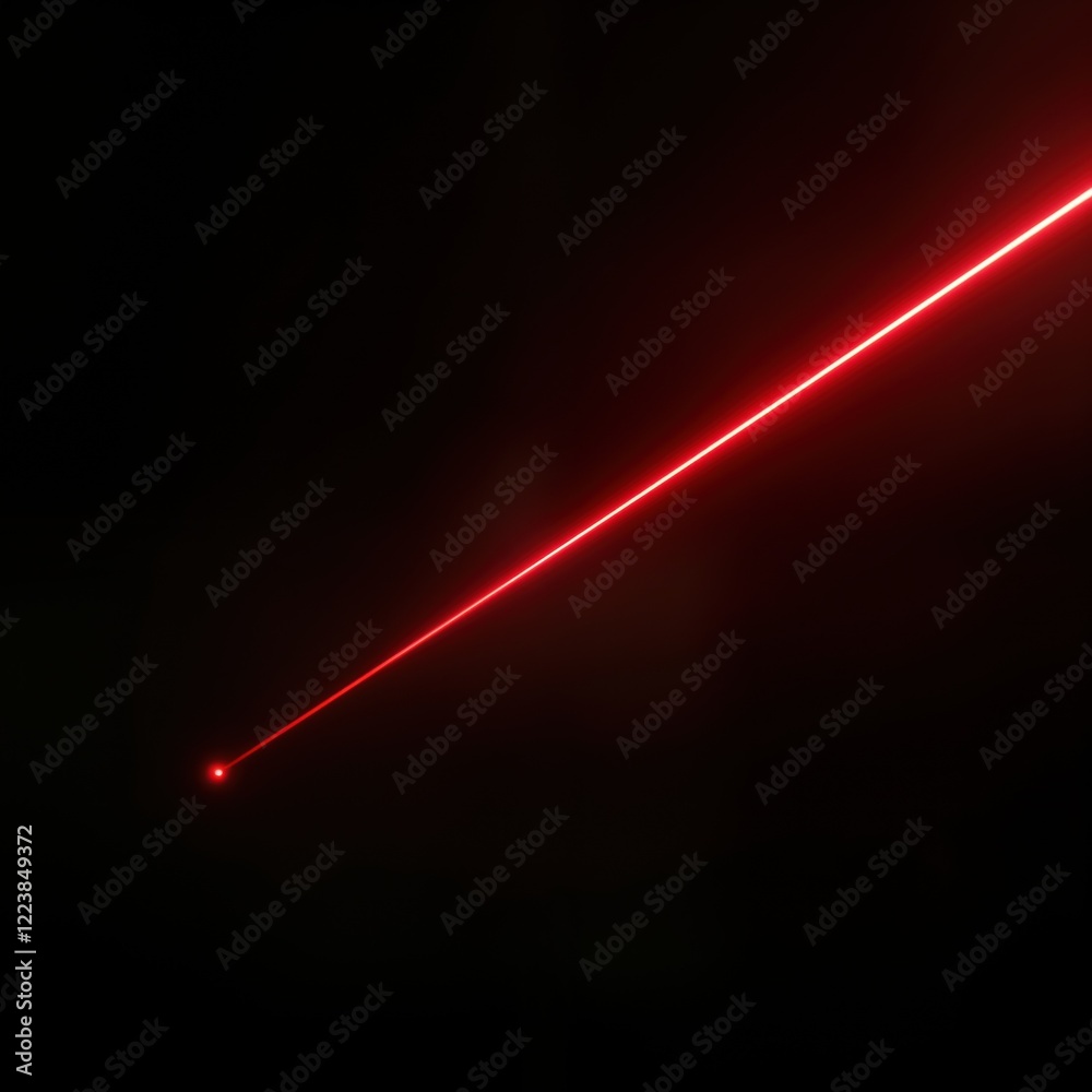 Poster Vibrant red laser beam streaks across dark background. Strong light effect creates powerful design. Abstract illustration. Possible use in tech sci-fi projects. Dynamic motion suggested. Digital art