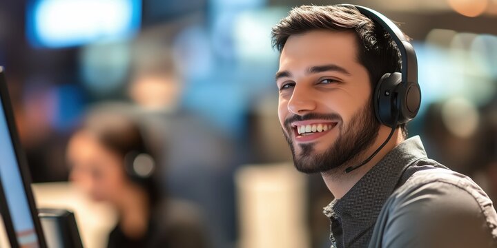 Portrait of a male customer service representative smiling and wearing a headset